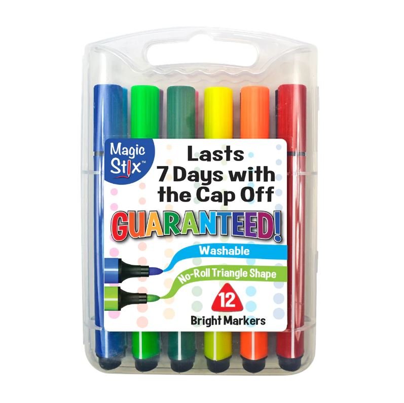 Magic Tri Stix 12 Color Washable Markers - Lasts 7 Days with Cap Off - Safari Ltd®