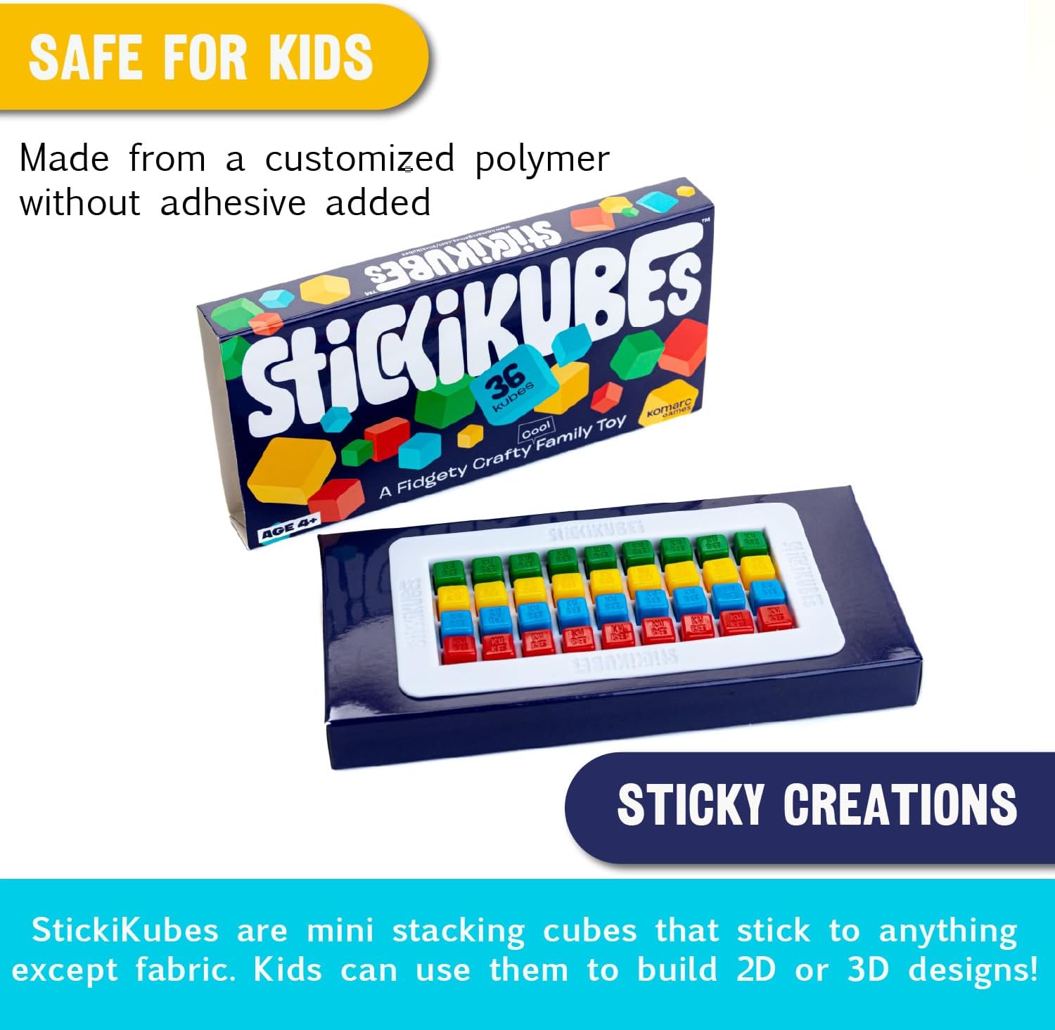 KOMARC GAMES StickiKubes - Mini Stacking Cubes That Stick to Anything - 125  Cubes in 4 Colors - Plastic Tub - Non Toxic Kid Safe